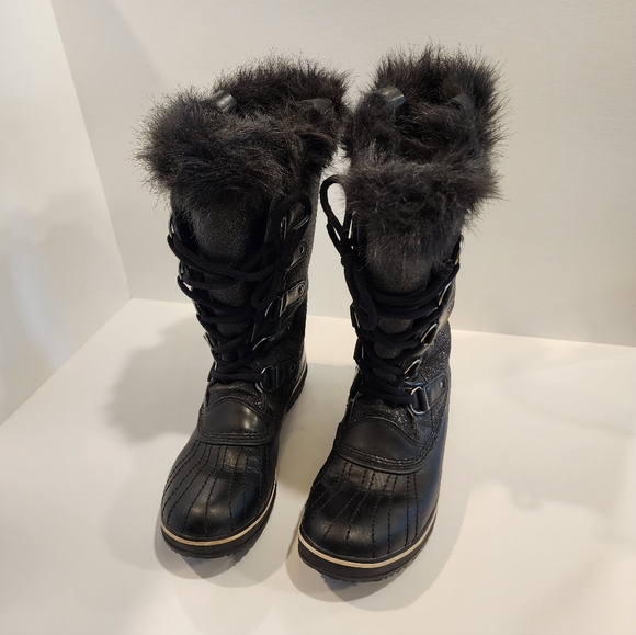 Sorel Womens Tofino Black Glitter Faux Fur Lace Up Waterproof Boots, Size 10 - Picture 2 of 7